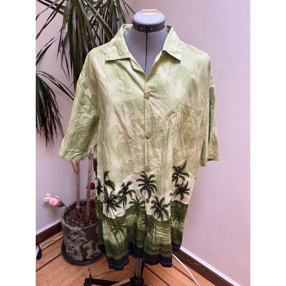 Favant Men's Green Tropical Palm Tree Aloha Shirt 100% Cotton Coconut Buttons